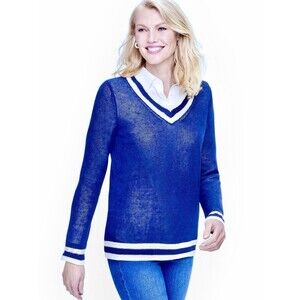 Talbots 100% Linen V-Neck Sweater Preppy Varsity Blue Size M Petite EUC!!